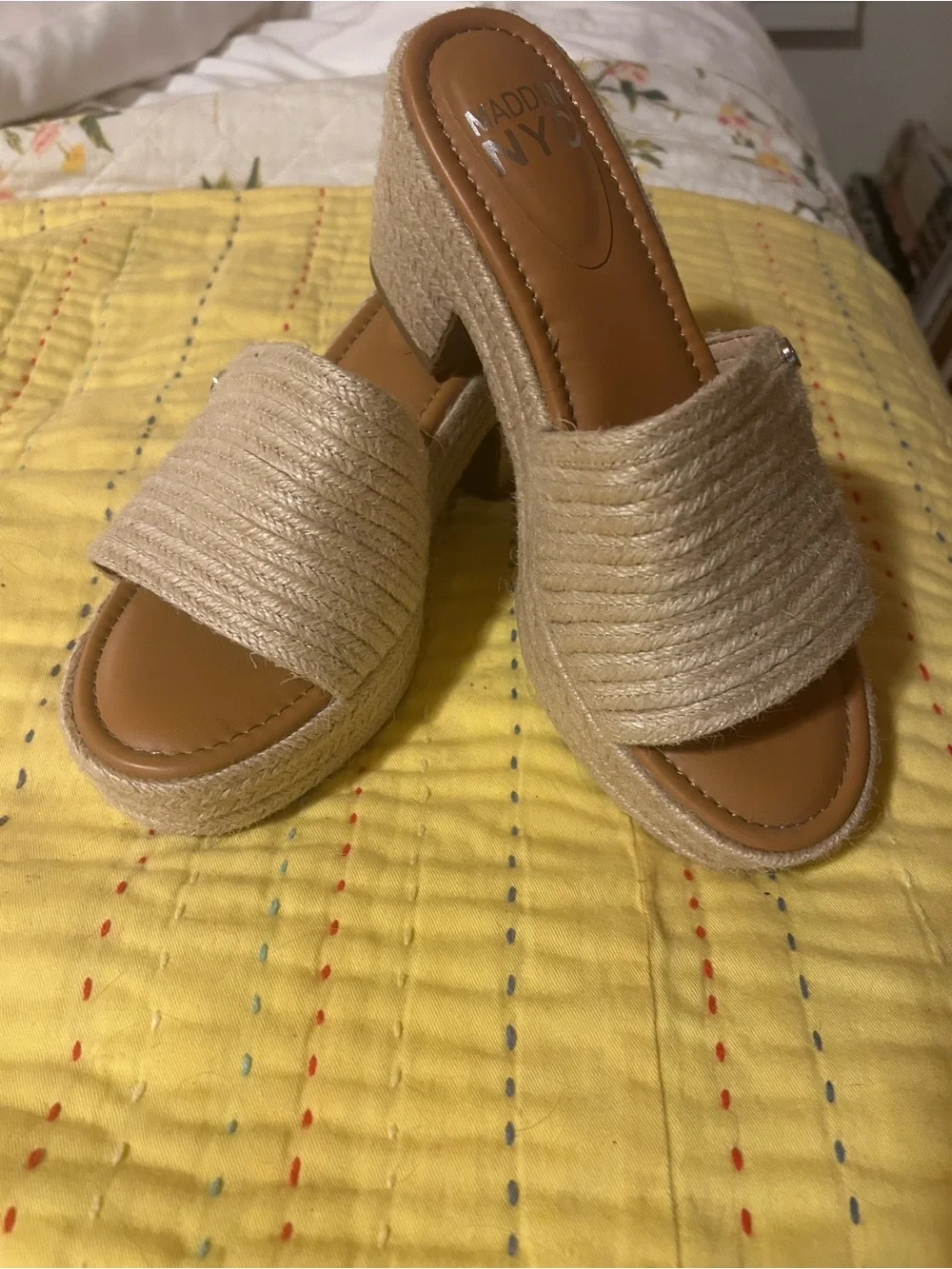 Tan Espadrille Slide Heels